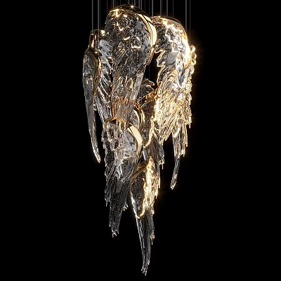 Intricate Feather Shaped Pendant With Shiny Golden And Transparent Crystal Details For Home Decor 3d model