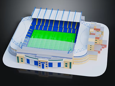 Modern Stadium Building With Green Football Pitch Blue Stands And White Roof Structure 3d model