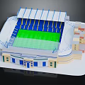 Modern Stadium Building With Green Football Pitch Blue Stands And White Roof Structure