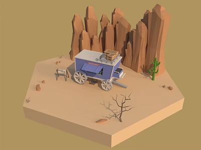 Cartoon Desert Scene With Covered Wagon Rock Formations Cactus Dry Branches And Wooden Fence 3d model
