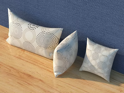 Cream Colored Decorative Pillows With Circular Geometric Patterns On Blue Wall And Wooden Surface 3d model