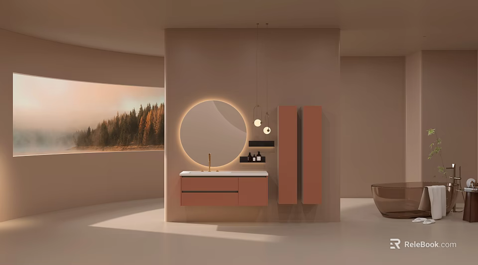 Modern Bathroom Interior With Round Mirror Wall Mounted Vanity Pink Cabinets And Scenic Window View 3d model 