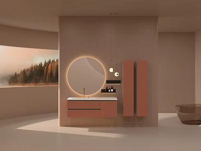 Modern Bathroom Interior With Round Mirror Wall Mounted Vanity Pink Cabinets And Scenic Window View 3d model