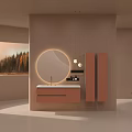Modern Bathroom Interior With Round Mirror Wall Mounted Vanity Pink Cabinets And Scenic Window View