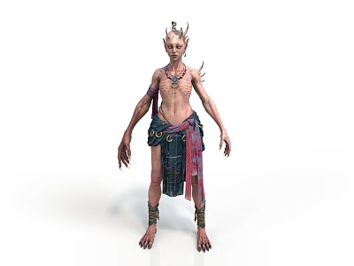 Horror Style Humanoid Skinny Body Horn Headwear Goblin Monster Monster Monster Multi-Layer Necklace Claw Foot Woven Strap Gold Ring Buckle 3d model