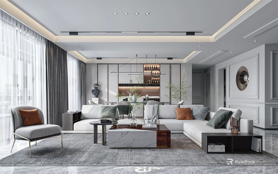 Modern Living and Dining Room Interior Design With Sofa Coffee Table And Neutral Decor Elements 3d model