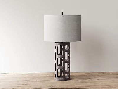 Modern Table Lamp With Linen Shade And Geometric Cutout Dark Gray Base On Wooden Table 3d model