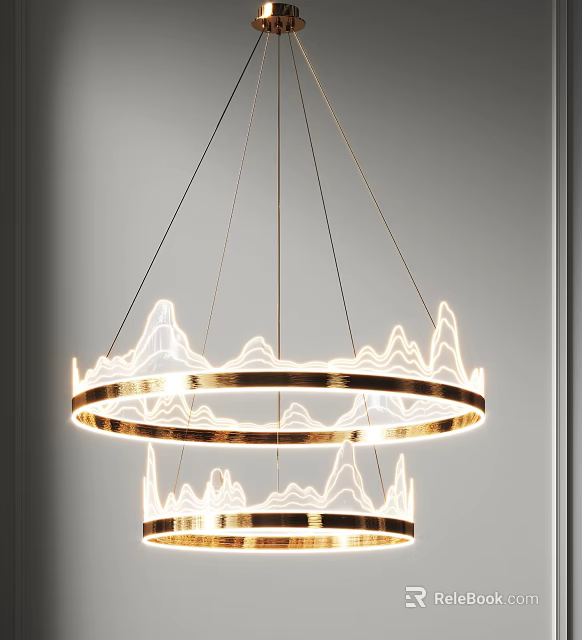 Modern Golden Double Layered Chandelier With Mountain Shaped Design And Warm Lighting 3d model 