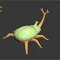 Green Spotted Beetle Toy With Orange Legs And Antler Like Antennae On Black Reflective Surface
