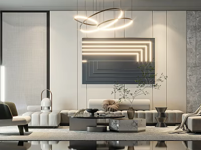 Modern Living Room Interior With Circular Pendant Lights And Geometric Wall Art 3d model