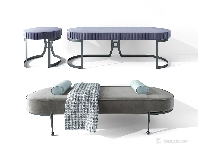 Modern Oval And Round Upholstered Sofa Bench With Metal Frame Plaid Blanket And Rolled Towels 3d model 