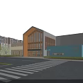 Modern School Building Exterior With Glass Windows Blue White Facade Greenery And Street Crosswalk