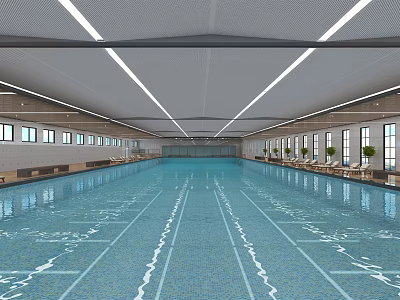 Spacious Indoor Swimming Pool With Bright Ceiling Lights Rest Benches And Lane Lines By Windows 3d model