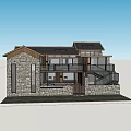 Traditional Guesthouse Building With Stone Walls Wooden Roof Open Balcony Glass Doors And Metal Stairs