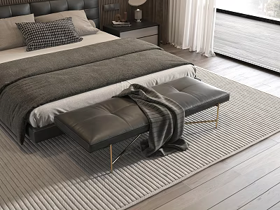 Modern Bedroom Interior With Gray Bedding Nightstand Leather Bench And Striped Rug 3d model