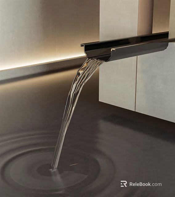 Modern Kitchen Faucet with Smooth Water Flow on Sleek Black Countertop and Minimalist Cabinet Design 3d model 