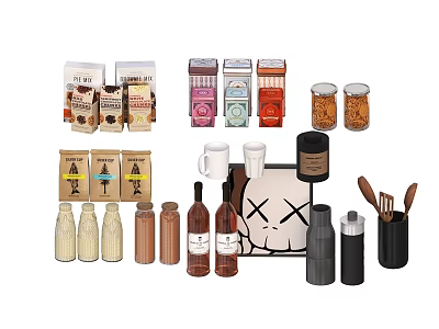 Assorted Food Items Including Packaged Snacks Spices Glass Jars Bottled Drinks And Utensils 3d model