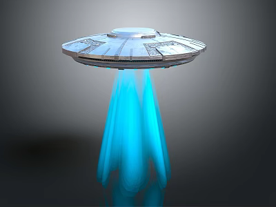 Silver UFO Floating In Dark Space With Bright Blue Light Beams Below 3d model