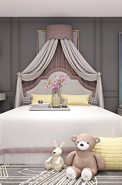 Charming Canopy Kids Bed with Teddy Bear Bunny Toy Nightstand and Wall Clock Decor 3d model