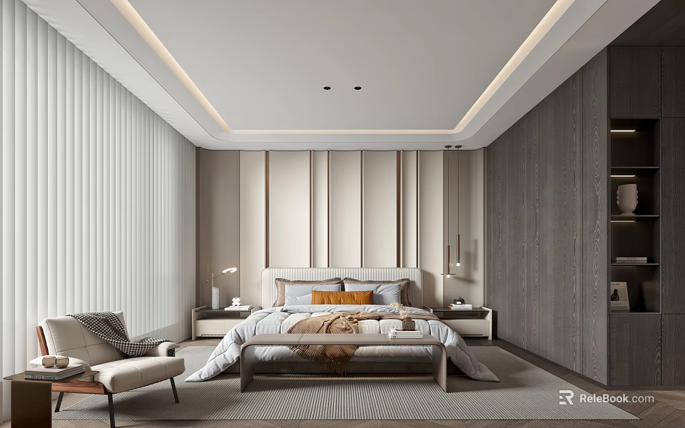 Modern Bedroom Interior Design With Wooden Bedhead Wall Nightstands Chair And Curtains 3d model 