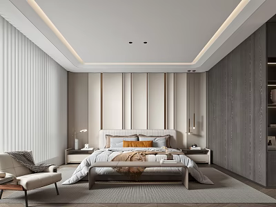 Modern Bedroom Interior Design With Wooden Bedhead Wall Nightstands Chair And Curtains 3d model