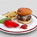 Delicious Juicy Burger With Crispy Fries Fresh Onion Rings Red Bell Pepper Slices And Ketchup