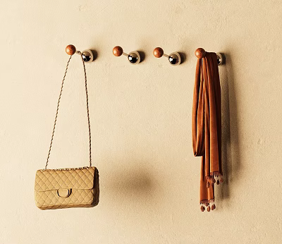 Round Top Metal Base Hooks On Wall With Beige Handbag And Brown Scarf 3d model