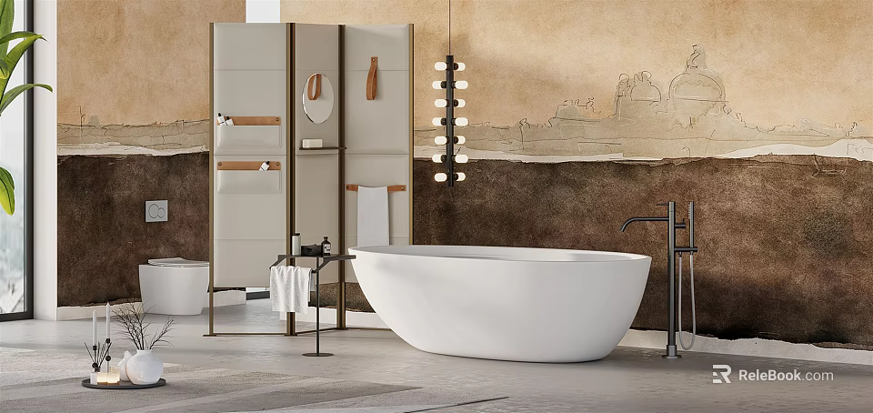 Modern Bathroom Interior Design With White Freestanding Bathtub Shower Partition Wall Mural And Pendant Light 3d model 