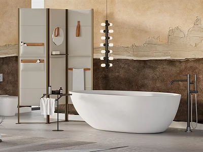 Modern Bathroom Interior Design With White Freestanding Bathtub Shower Partition Wall Mural And Pendant Light 3d model