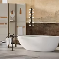 Modern Bathroom Interior Design With White Freestanding Bathtub Shower Partition Wall Mural And Pendant Light
