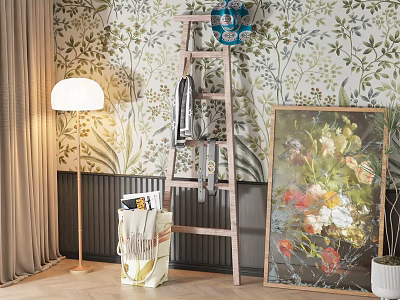 Living Area With Ladder Floor Lamp Canvas Bag And Floral Painting 3d model