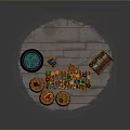 Wooden Table On Stone Floor With Cauldron Barrels Chest Bottles Jars And Tools