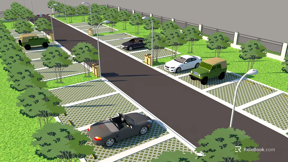 Parking Lot Scene With Multiple Cars Trees Street Lamps And Grid Patterned Spaces 3d model 