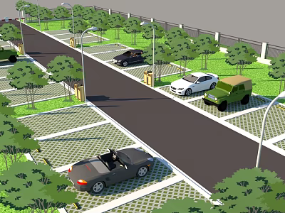 Parking Lot Scene With Multiple Cars Trees Street Lamps And Grid Patterned Spaces 3d model