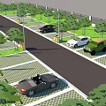 Parking Lot Scene With Multiple Cars Trees Street Lamps And Grid Patterned Spaces