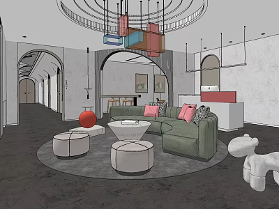 Modern Storefront Reception Area With Geometric Pendant Lights Green Sofa And Arched Doorways 3d model