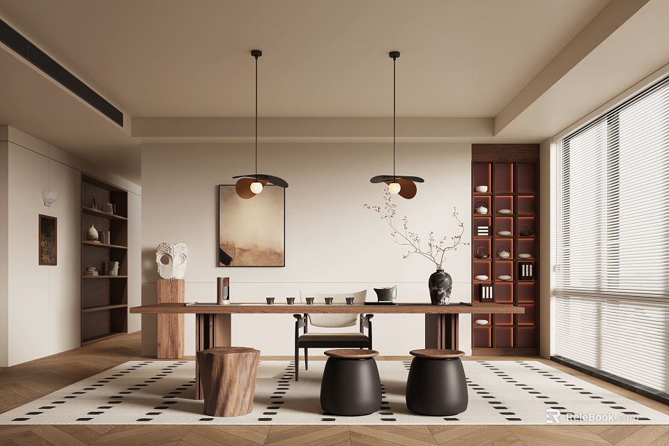 Modern Tea Room Interior With Wooden Table Hanging Lights Bookshelves Decorative Vase And Geometric Rug 3d model 