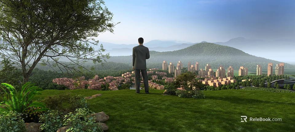 Man Standing Overlooking Garden Landscape With Green Lawn Lush Trees City Skyline And Mountain Ranges 3d model 
