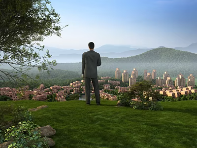 Man Standing Overlooking Garden Landscape With Green Lawn Lush Trees City Skyline And Mountain Ranges 3d model