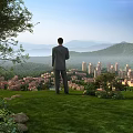 Man Standing Overlooking Garden Landscape With Green Lawn Lush Trees City Skyline And Mountain Ranges