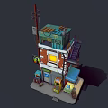 Cartoon Style Multi Level Small Shop Building With Staircase Signboard Window And Awning Details