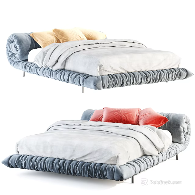 Blue Tufted Double Bed With White Bedspread And Colorful Pillows 3d model