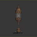 Vintage Copper Lantern With Ornate Iron Scrollwork Glass Enclosure And Blue Base