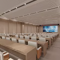Spacious Conference Room With Wooden Walls Neatly Arranged White Seats Natural Light And Ceiling Lighting