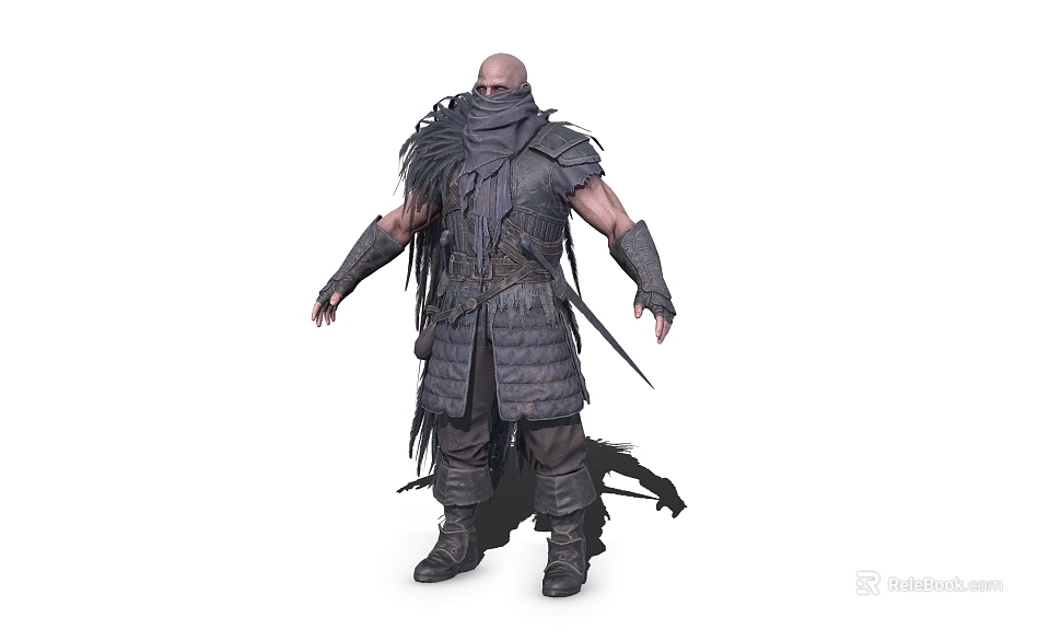 Bald Man With Face Covered By Scarf Wearing Feathered Armor And Arm Guards 3d model 