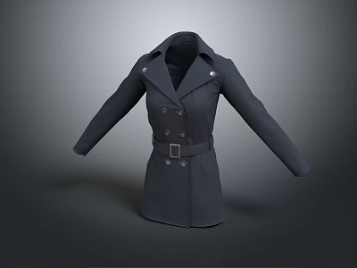 Dark Double Breasted Trench Coat With Belted Waist And Lapel Details 3d model