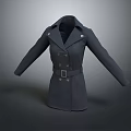 Dark Double Breasted Trench Coat With Belted Waist And Lapel Details