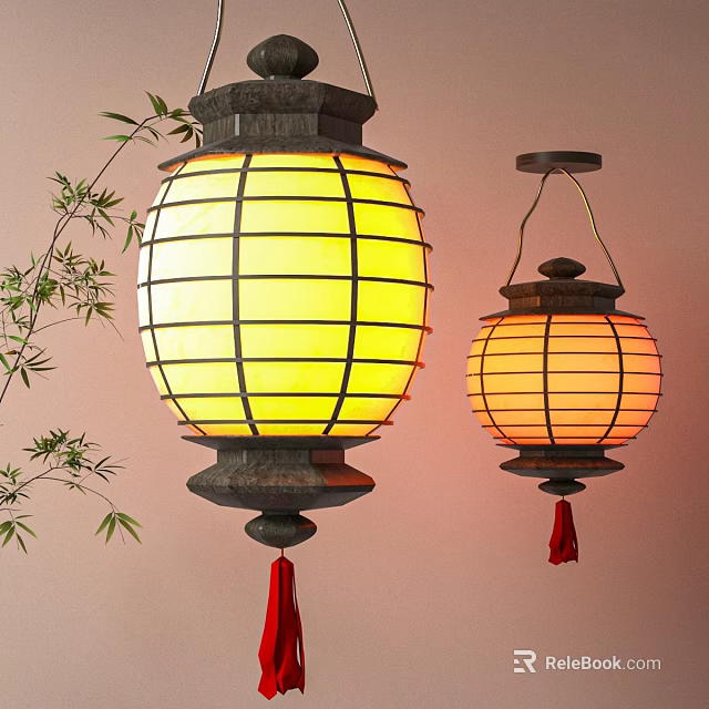 Hanging Yellow Lanterns With Black Frame Red Tassels And Bamboo Branches 3d model 
