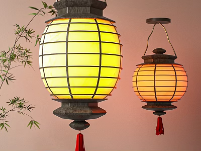 Hanging Yellow Lanterns With Black Frame Red Tassels And Bamboo Branches 3d model