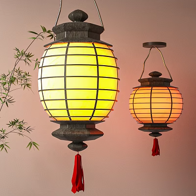 Hanging Yellow Lanterns With Black Frame Red Tassels And Bamboo Branches 3d model